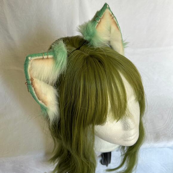 Little Luxies Sage Green Cat Ears and Tail Set Realistic Nekomimi Headband - Picture 6 of 8